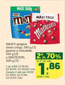 HiperDino M&M'S. MALTESERS grageas choco crispy, peanut o chocolate oferta