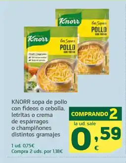 HiperDino KNORR sopa de pollo con fideos o cebolla, letritas o crema de espárragos o champiñones distintos gramajes oferta