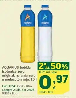 HiperDino AQUARIUS bebida isotónica zero original, naranja zero o melocotón rojo oferta