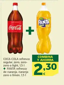 HiperDino COCA-COLA, FANTA refresco regular, zero, zero- zero o light, refresco de naranja, naranja zero o limón oferta