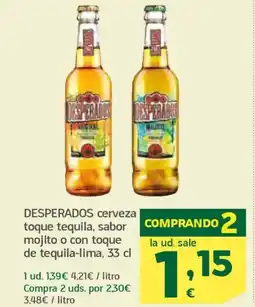 HiperDino DESPERADOS cerveza toque tequila, sabor mojito o con toque de tequila-lima oferta