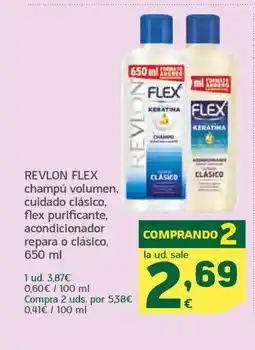 HiperDino REVLON FLEX champú volumen, cuidado clásico, flex purificante, acondicionador repara o clásico oferta