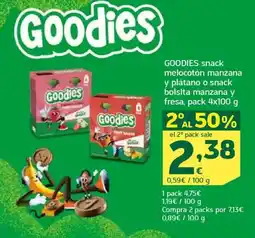 HiperDino GOODIES snack melocotón manzana y plátano o snack bolsita manzana y fresa oferta