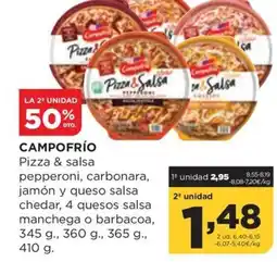 Alimerka CAMPOFRÍO Pizza&Salsa pepperoni, carbonara, jamón y queso salsa chedar, 4 quesos salsa manchega o barbacoa oferta