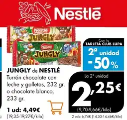 Supermercados Lupa JUNGLY de NESTLÉ Turrón chocolate con leche y galletas oferta