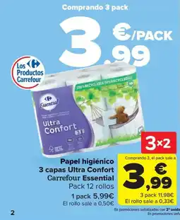 Carrefour Papel higiénico 3 capas Ultra Confort Carrefour Essential oferta