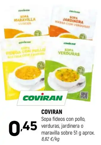 COVIRAN Sopa fideos con pollo, verduras, jardinera o maravilla sobre