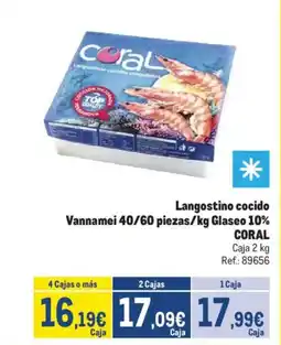 Makro CORAL Langostino cocido Vannamei 40/60 piezas/kg Glaseo 10% oferta