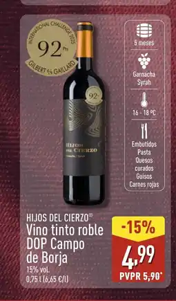 ALDI HIJOS DEL CIERZO Vino tinto roble DOP Campo de Borja oferta