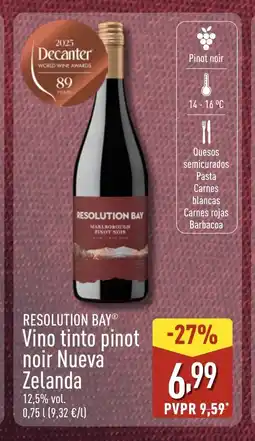 ALDI RESOLUTION BAY Vino tinto pinot noir Nueva Zelanda oferta
