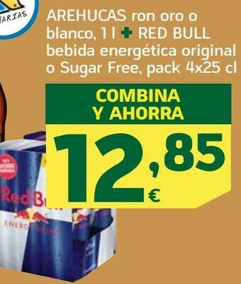 HiperDino Arehucas ron oro o blanco + red bull bebida energética original o sugar free oferta