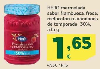 HiperDino Hero mermelada sabor frambuesa, fresa, melocotón o arándanos de temporada oferta