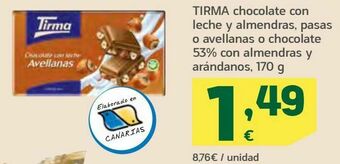 HiperDino Tirma chocolate con leche y almendras, pasas o avellanas o chocolate 53% con almendras y arándanos oferta
