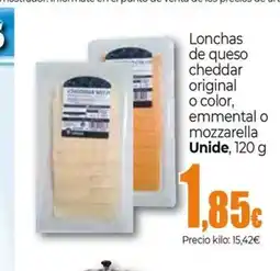 Unide Supermercados UNIDE Lonchas de queso cheddar original o color, emmental o mozzarella oferta