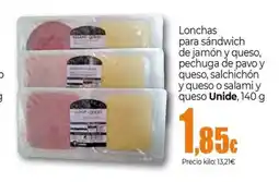 Unide Supermercados UNIDE Lonchas para sandwich de jamón y queso, pechuga de pavo y queso, salchichón y queso o salami y queso oferta