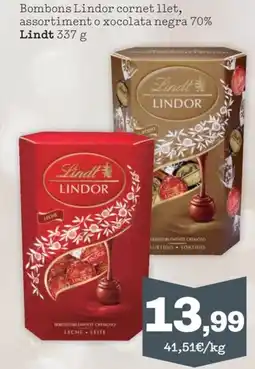 Sorli LINDT Bombons Lindor cornet llet, assortiment o xocolata negra 70% oferta