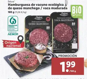 Lidl Deluxe Hamburguesa de vacuno ecológica de queso manchego/vaca madurada 180g oferta