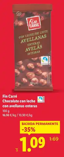 Lidl FIN CARRE Chocolate con leche con avellanas enteras oferta