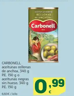 HiperDino CARBONELL aceitunas rellenas de anchoa o aceitunas negras sin hueso oferta