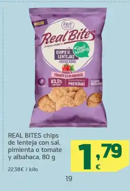 HiperDino REAL BITES chips de lenteja con sal, pimienta o tomate y albahaca oferta