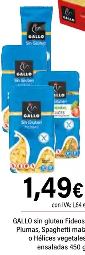 Cash Ifa GALLO sin gluten Fideos, Plumas, Spaghetti maíz o Hélices vegetales ensaladas oferta