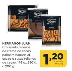 Alimerka HERMANOS JUAN Croissants rellenos de crema de cacao, palmera bañada al cacao o susús rellenos oferta