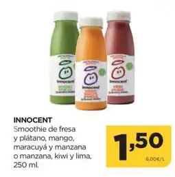 Alimerka INNOCENT Smoothie de fresa y plátano, mango, maracuyá y manzana o manzana, kiwi y lima oferta