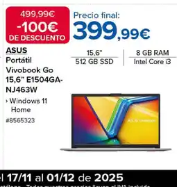 Costco ASUS Portátil Vivobook Go 15.6" E1504GA NJ463W oferta