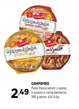 Coviran CAMPOFRÍO Pizza fresca jamón y queso, 5 quesos o carne barbacoa oferta