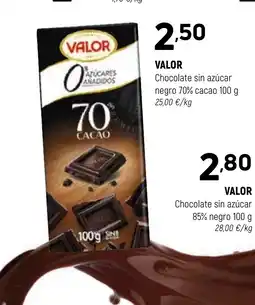 Coviran VALOR Chocolate sin azúcar negro 70% cacao oferta