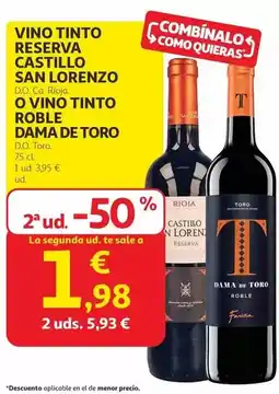 Alcampo Castillo san lorenzo - vino tinto reserva o vino tinto roble dama de toro oferta