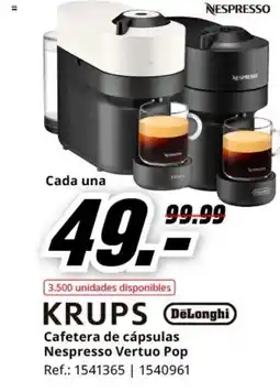 MediaMarkt DELONGHI KRUPS Cafetera de cápsulas Nespresso Vertuo Pop oferta