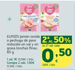 HiperDino ELPOZO jamón cocido o pechuga de pavo reducido en sal y en grasa lonchas finas oferta