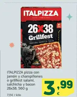 HiperDino ITALPIZZA pizza con jamón y champiñones o grillfest salami, salchicha y bacon oferta