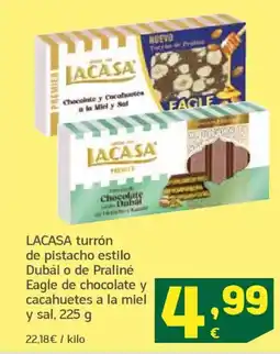 HiperDino LACASA turrón de pistacho estilo Dubái o de Praliné Eagle de chocolate y cacahuetes a la miel y sal oferta