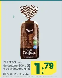 HiperDino DULCESOL pan de centeno o de avena oferta