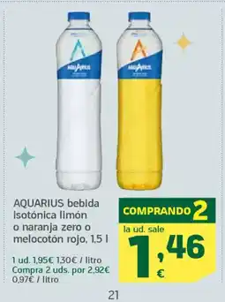 HiperDino AQUARIUS bebida 3 isotonica limón o naranja zero o melocotón rojo oferta