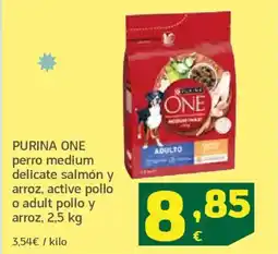 HiperDino PURINA ONE perro medium delicate salmón y arroz, active pollo o adult pollo y arroz oferta