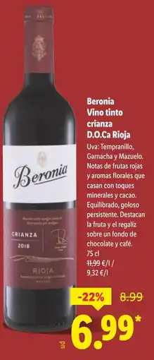 Lidl Beronia Vino tinto crianza D.O.Ca Rioja oferta