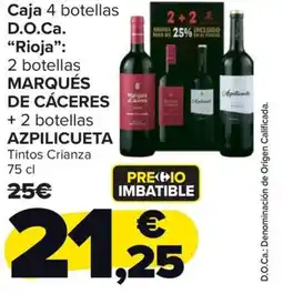 Carrefour Market Caja 4 botellas d.o.ca. "rioja": 2 botellas marqués de cáceres + 2 botellas azpilicueta tintos crianza oferta