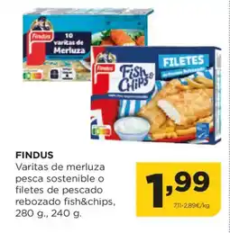 Alimerka FINDUS Varitas de merluza pesca sostenible o filetes de pescado rebozado fish&chips oferta