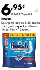 Supermercados Lupa FINISH Detergente todo en 1, 25 pastillas + 25 gratis o quantum ultimate, 16 pastillas + 16 gratis. oferta