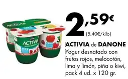 Supermercados Lupa DANONE Activia de yogur desnatado con frutos rojos, melocotón, lima y limón, piña o kiwi oferta