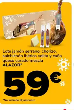 Supeco ALAZOR Lote jamón serrano, chorizo, salchichón ibérico velita y cuña queso curado mezcla oferta