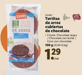 Lidl Sondey Tortitas de arroz cubiertas de chocolate 3 tipos: Chocolate negro / Chocolate con leche / Coco con chocolate 100g oferta