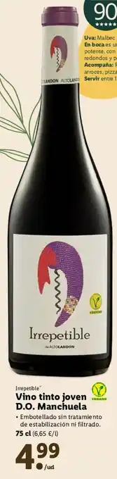 Lidl Irrepetible Vino tinto joven D.O. Manchuela Embotellado sin tratamiento de estabilización ni filtrado 75 cl oferta