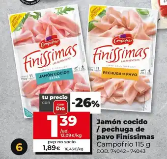Dia Campofrío Jamón cocido / pechuga de pavo Finíssimas 115g oferta