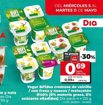 Dia Dia Yogur Bifidus cremoso de vainilla / con fresa y nueces / melocotón 0%0% pack 4 x 125g oferta