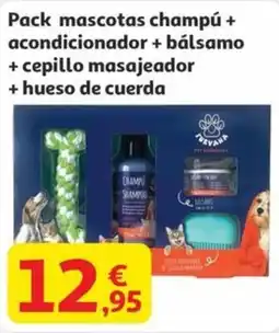 Alcampo Pack mascotas champú + acondicionador + bálsamo + cepillo masajeador + hueso de cuerda oferta