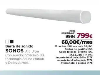 El Corte Inglés SONOS Barra de sonido oferta
